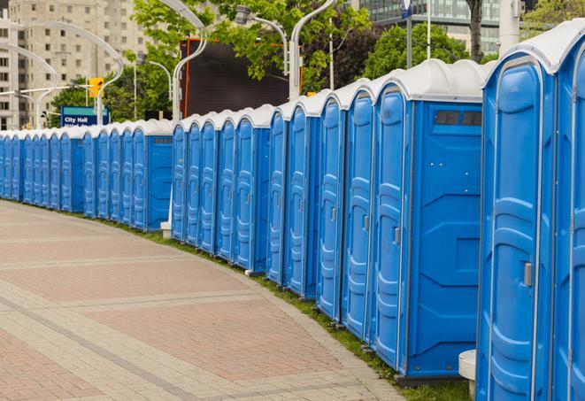 portable restrooms with sink and hand sanitizer stations, available at a festival in Clarkson, NY